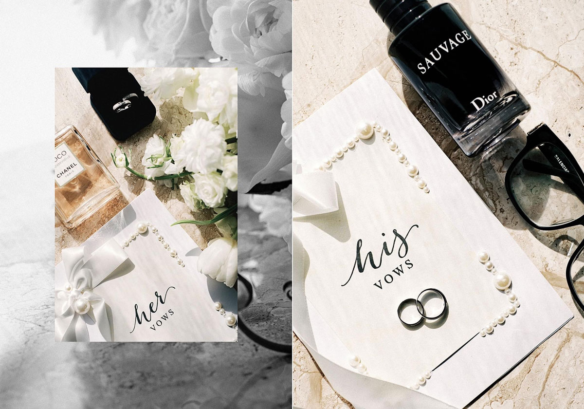 Her and his vow cards, wedding rings and perfume laid out before the ceremony Her and his vow cards, wedding rings and perfume laid out before the ceremony