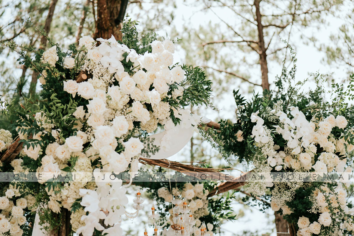 Close-up of cream-white roses and hydrangea on the branch arch Close-up of cream-white roses and hydrangea on the branch arch