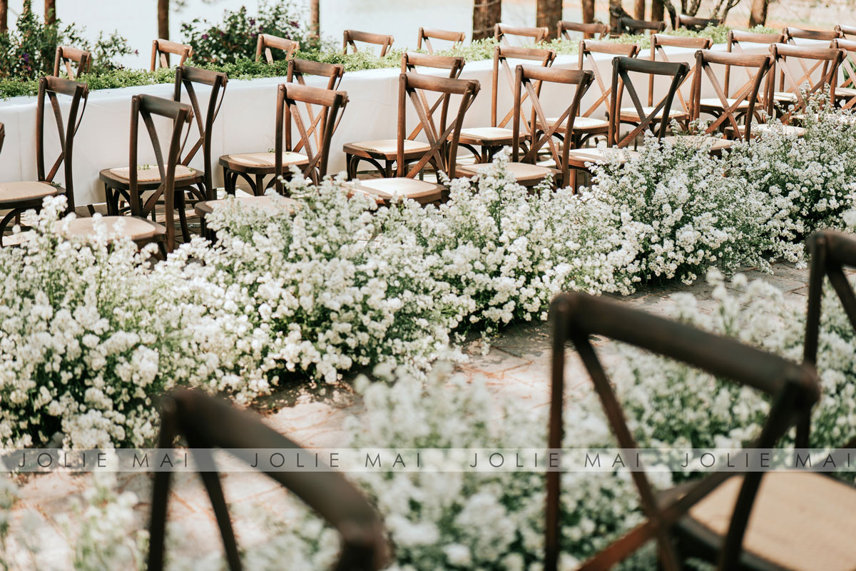 Lối đi phủ bụi hoa nhỏ cánh trắng, hai bên ghế gỗ lưng chéo Lối đi phủ bụi hoa nhỏ cánh trắng, hai bên ghế gỗ lưng chéo